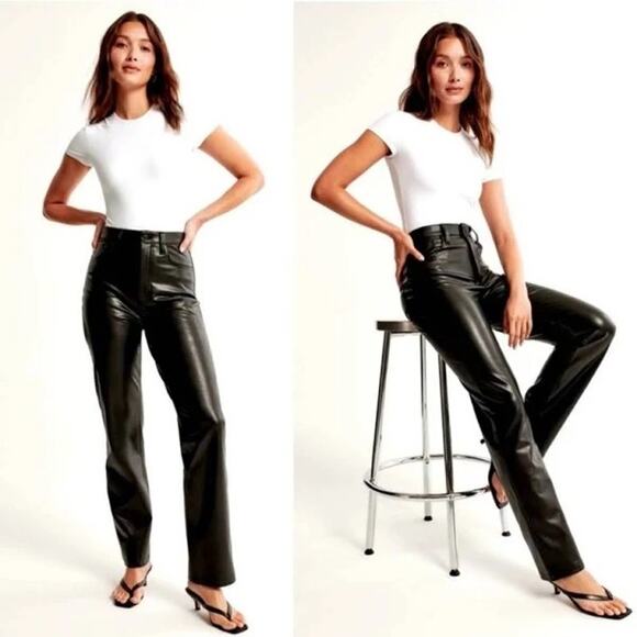 Abercrombie & Fitch Vegan Leather Pants The 90s Straight Ultra High Rise Short - Picture 1 of 7